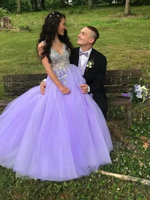 A Line V Neck Purple Beaded Long Prom Dresses, V Neck Purple Long Formal Evening Dresses with Beadings