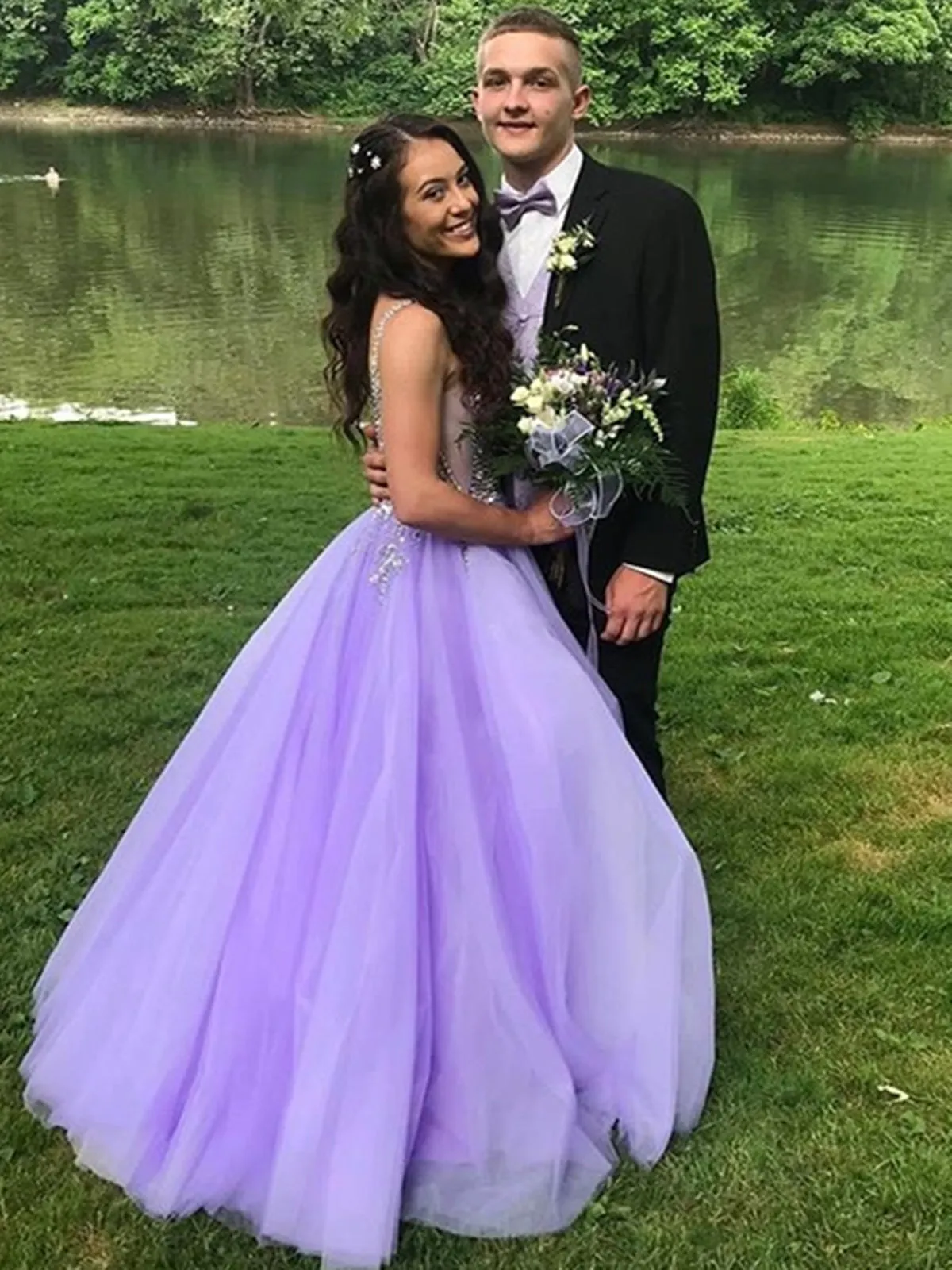 A Line V Neck Purple Beaded Long Prom Dresses, V Neck Purple Long Formal Evening Dresses with Beadings