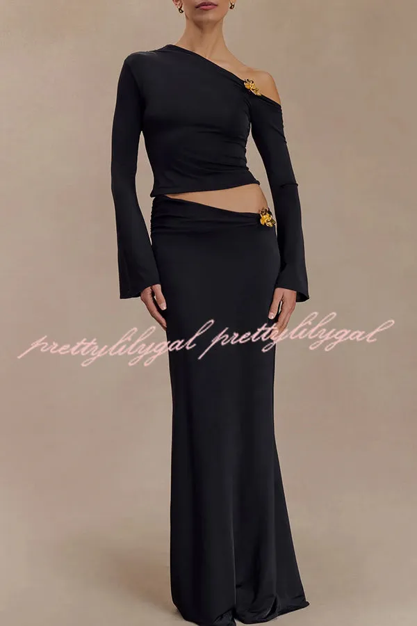 Ainsley Floral Hardware Asymmetrical Mid Rise Stretch Maxi Skirt