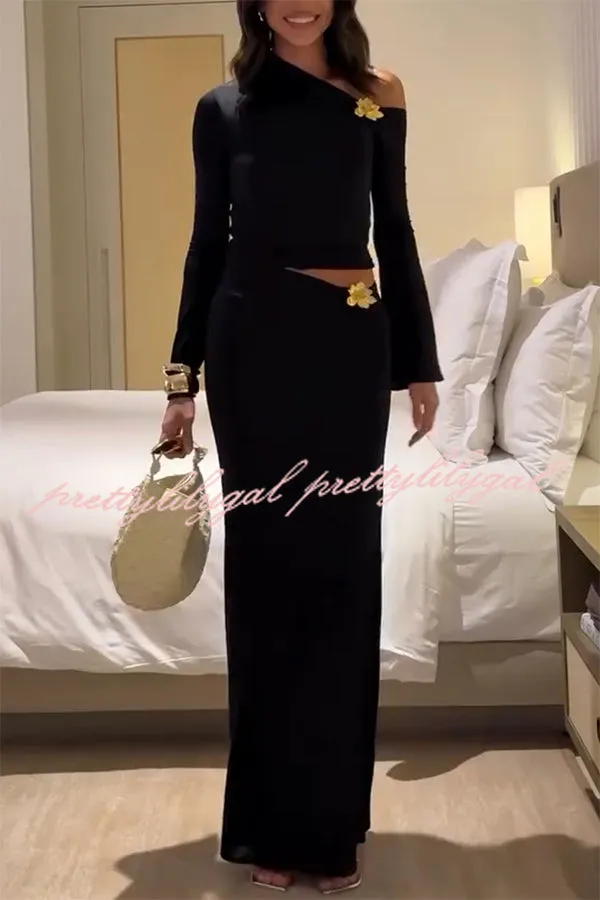Ainsley Floral Hardware Asymmetrical Mid Rise Stretch Maxi Skirt