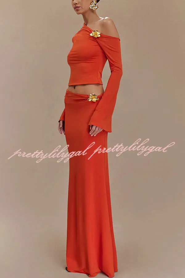 Ainsley Floral Hardware Asymmetrical Mid Rise Stretch Maxi Skirt