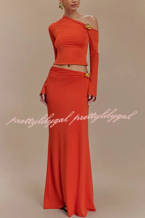 Ainsley Floral Hardware Asymmetrical Mid Rise Stretch Maxi Skirt