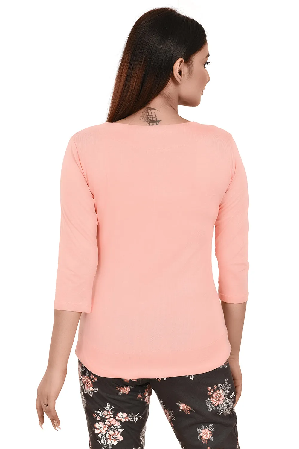 Baby Pink Boat Neck Printed Tees