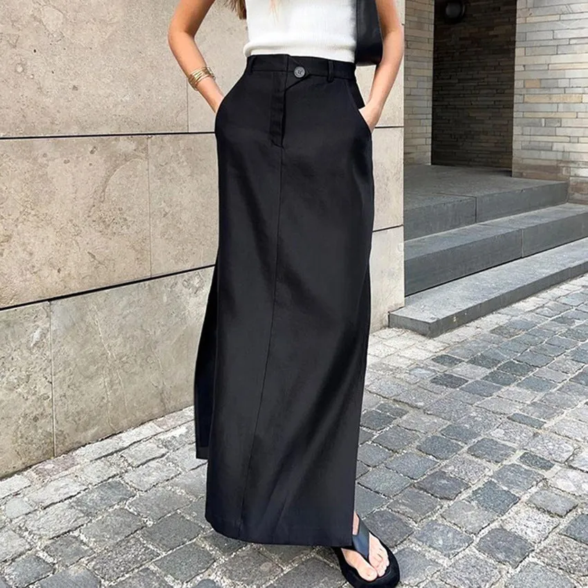 Black Cotton Silk Women Clothing Autumn Split High Waist Office Drape Skirt Skirt