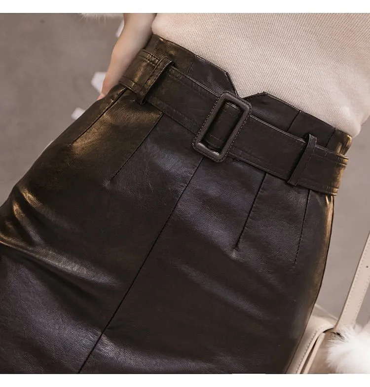 Black PU Leather Pencil Midi Skirts High Waist Split OL Elegant Sheath Wrap Skirts With Belt