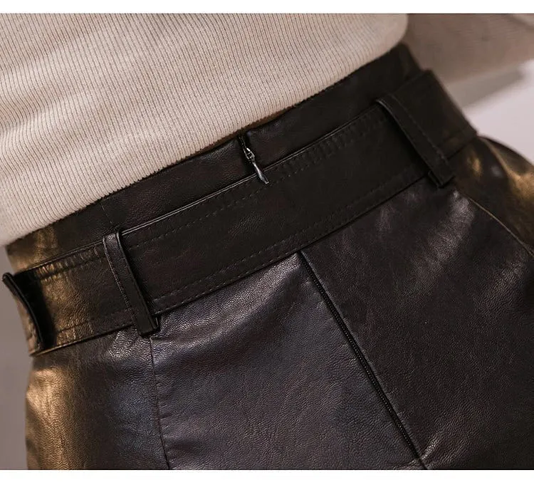 Black PU Leather Pencil Midi Skirts High Waist Split OL Elegant Sheath Wrap Skirts With Belt