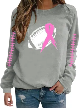 Breast Cancer Awareness Hoodies for Women Pink Ribbon Pullover Hoodie Football Sweatshirts Long Sleeve Oversized Tops
