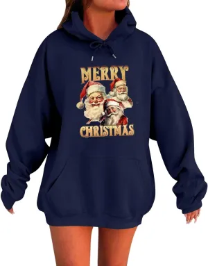 Christmas Oversized Hoodies For Women Trendy Winter Sweatshirts Drop Shoulder Drawstring Pullover Hoodie With Pocket