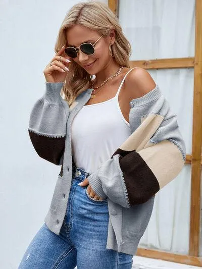 Color Block Button Up Bishop Sleeve Cardigan