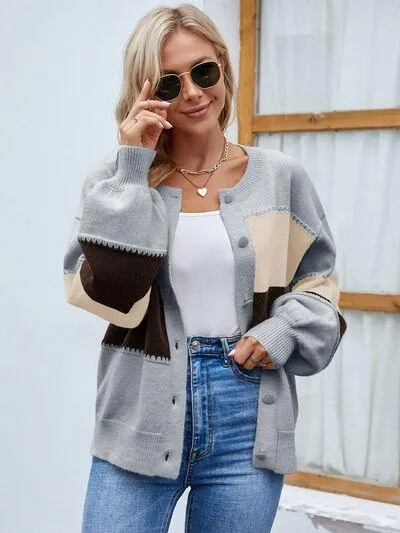 Color Block Button Up Bishop Sleeve Cardigan