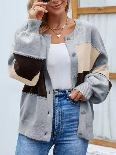 Color Block Button Up Bishop Sleeve Cardigan