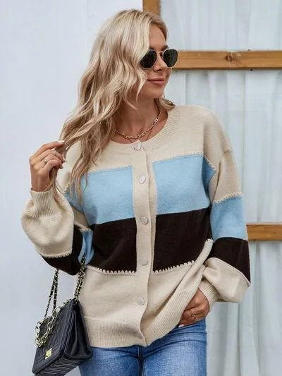 Color Block Button Up Bishop Sleeve Cardigan