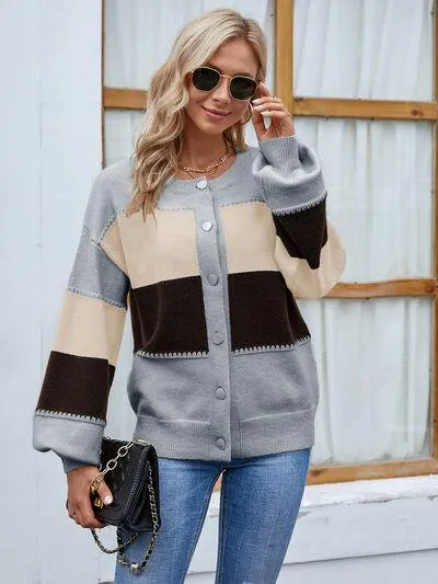 Color Block Button Up Bishop Sleeve Cardigan