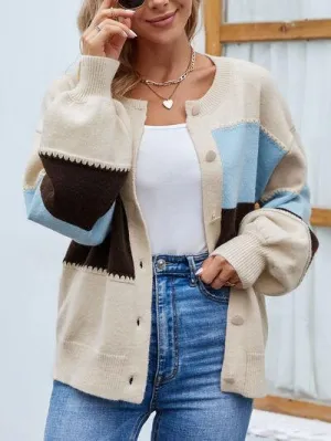Color Block Button Up Bishop Sleeve Cardigan
