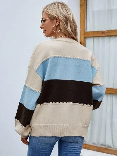 Color Block Button Up Bishop Sleeve Cardigan