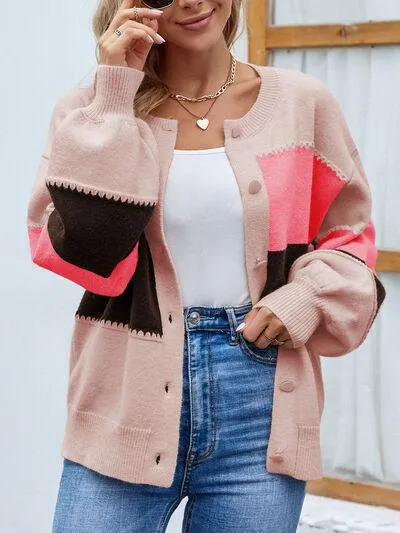 Color Block Button Up Bishop Sleeve Cardigan