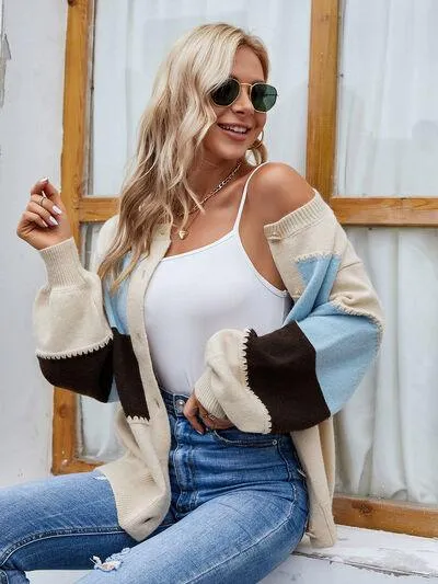 Color Block Button Up Bishop Sleeve Cardigan