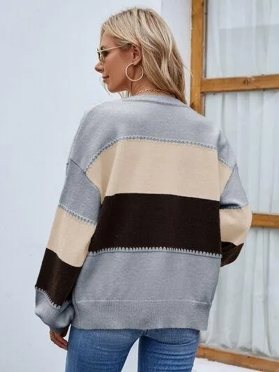 Color Block Button Up Bishop Sleeve Cardigan