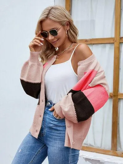 Color Block Button Up Bishop Sleeve Cardigan