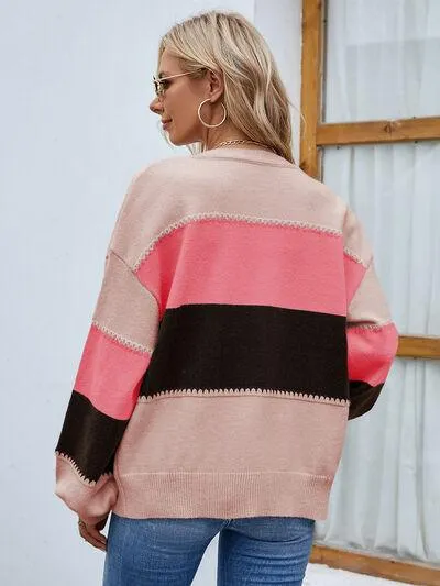 Color Block Button Up Bishop Sleeve Cardigan
