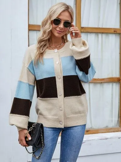 Color Block Button Up Bishop Sleeve Cardigan