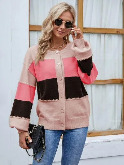 Color Block Button Up Bishop Sleeve Cardigan