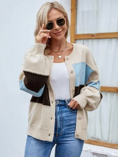 Color Block Button Up Bishop Sleeve Cardigan