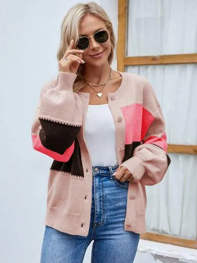 Color Block Button Up Bishop Sleeve Cardigan
