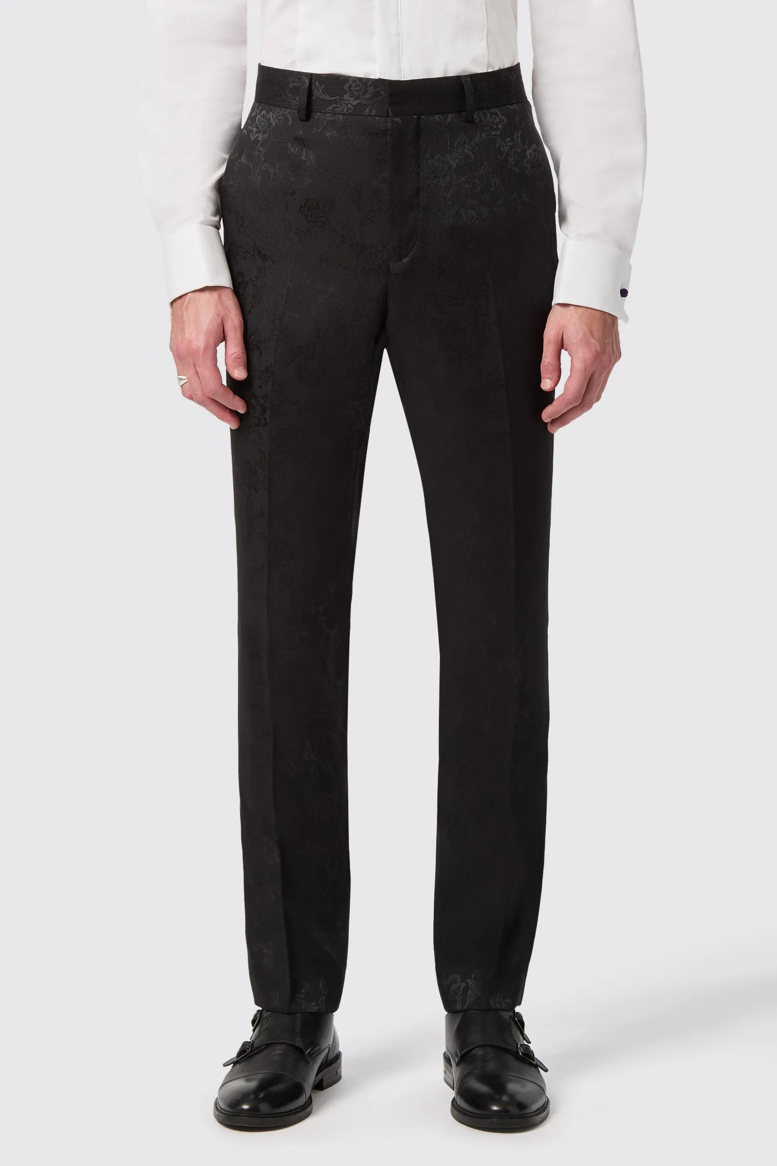 Compt Slim Fit Black Floral Jacquard Trousers