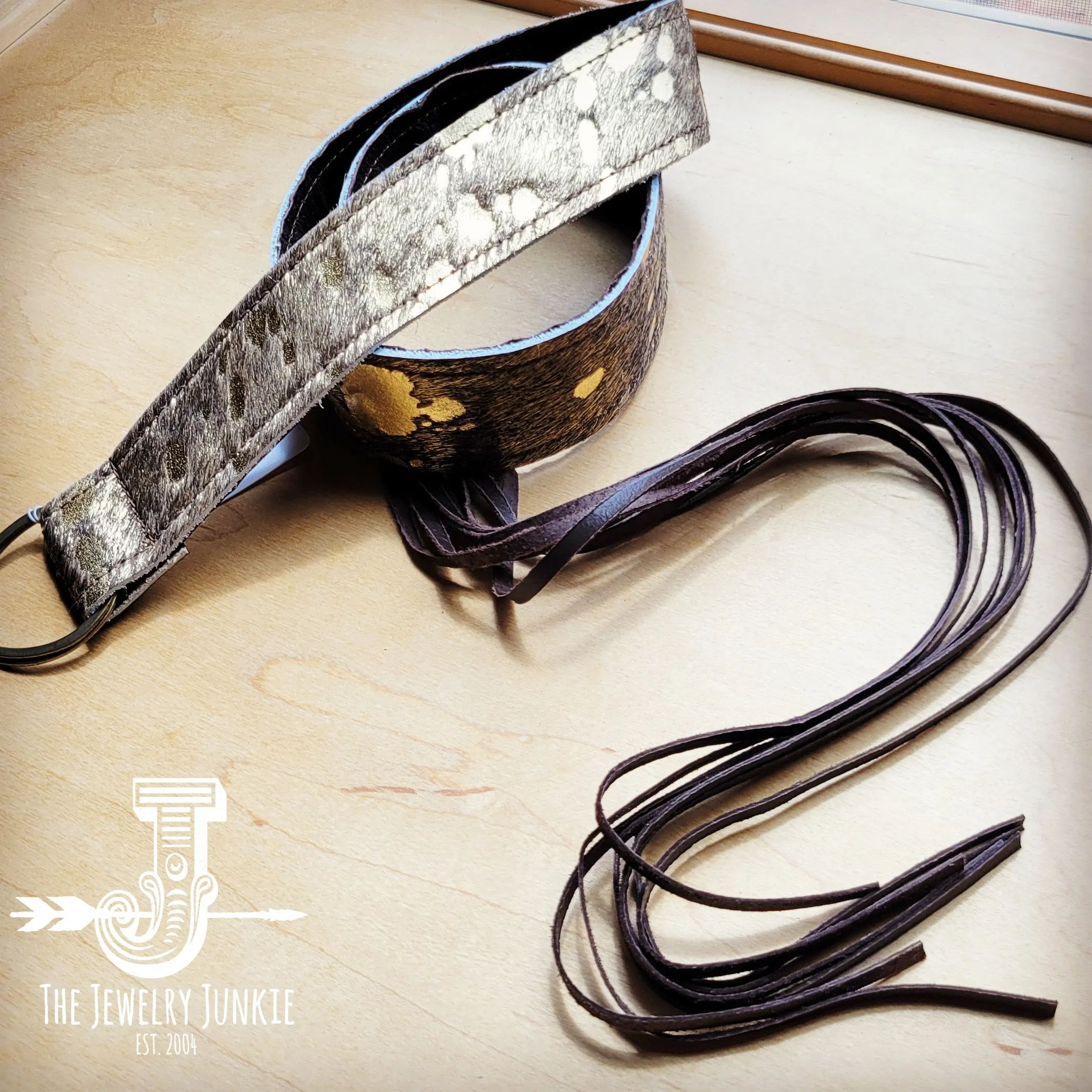 Dark Metallic Hide Leather Belt w/ Leather Fringe 906y