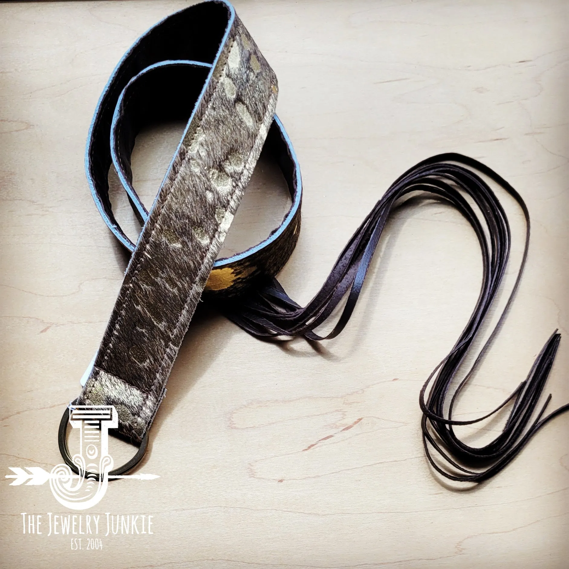 Dark Metallic Hide Leather Belt w/ Leather Fringe 906y