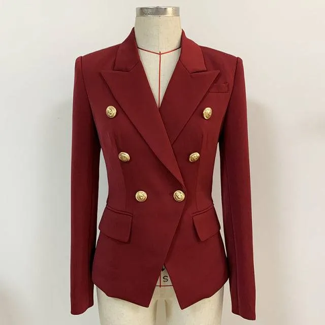 Designer Jacket Women, Classic Double Breasted Metal Lion Buttons