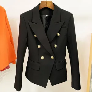 Designer Jacket Women, Classic Double Breasted Metal Lion Buttons