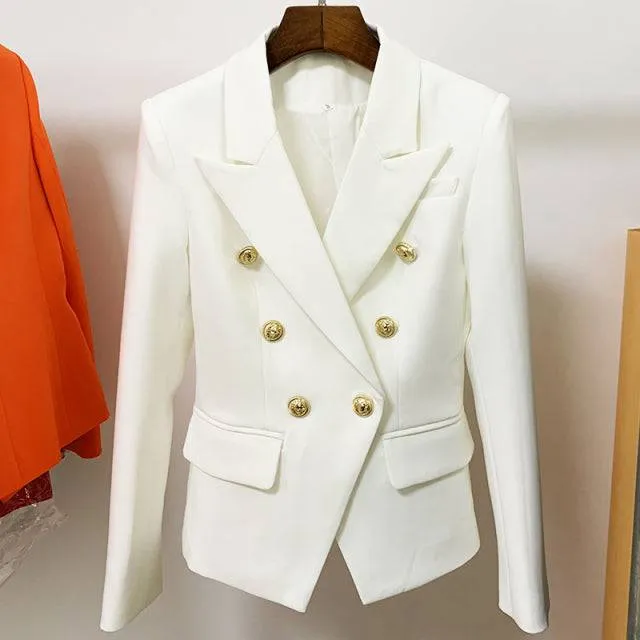 Designer Jacket Women, Classic Double Breasted Metal Lion Buttons