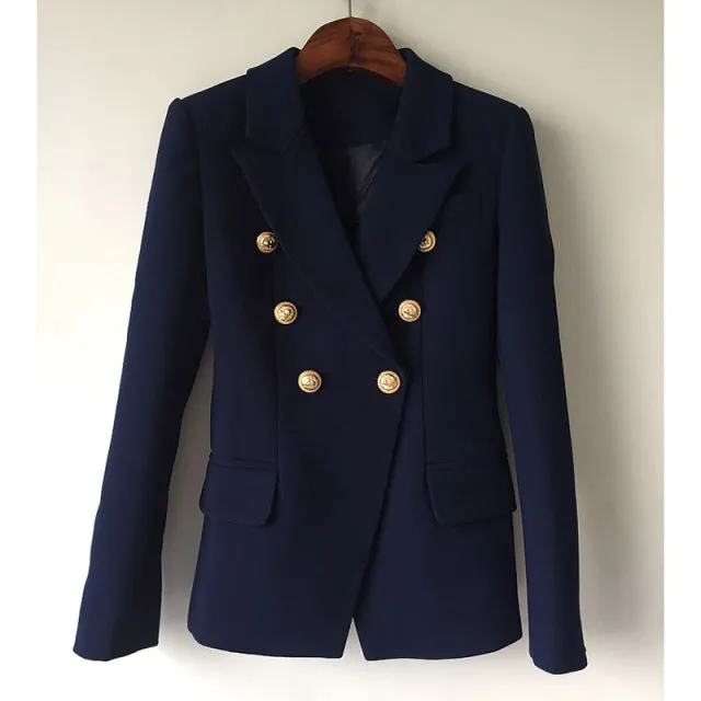 Designer Jacket Women, Classic Double Breasted Metal Lion Buttons