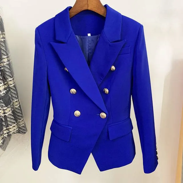 Designer Jacket Women, Classic Double Breasted Metal Lion Buttons