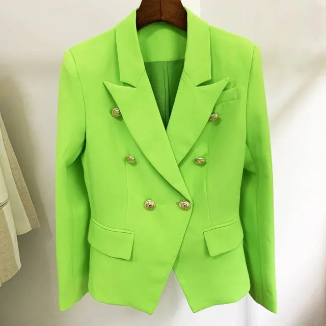 Designer Jacket Women, Classic Double Breasted Metal Lion Buttons