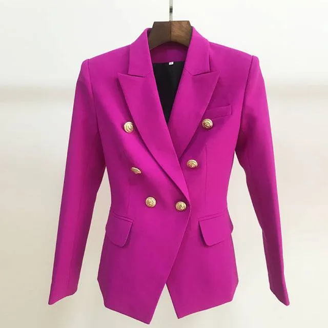 Designer Jacket Women, Classic Double Breasted Metal Lion Buttons