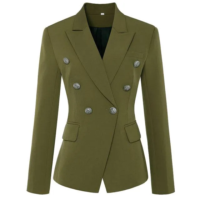 Designer Jacket Women, Classic Double Breasted Metal Lion Buttons