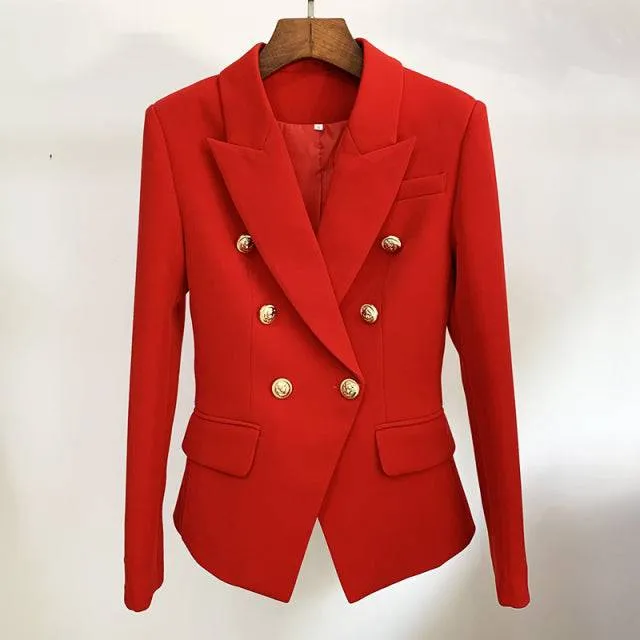 Designer Jacket Women, Classic Double Breasted Metal Lion Buttons
