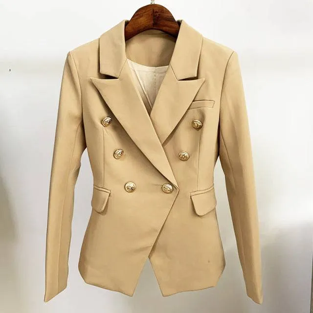 Designer Jacket Women, Classic Double Breasted Metal Lion Buttons
