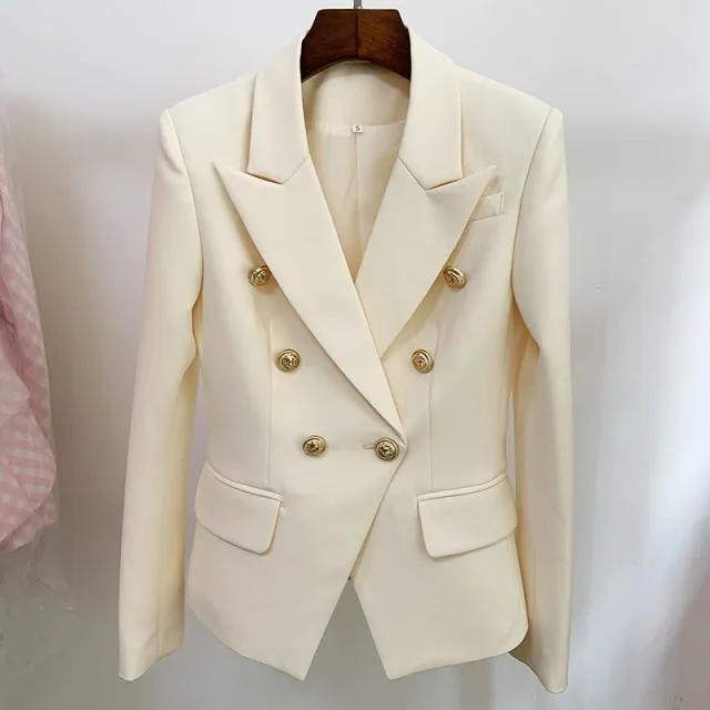 Designer Jacket Women, Classic Double Breasted Metal Lion Buttons