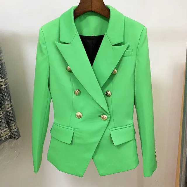 Designer Jacket Women, Classic Double Breasted Metal Lion Buttons