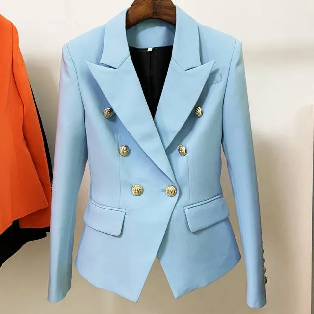 Designer Jacket Women, Classic Double Breasted Metal Lion Buttons