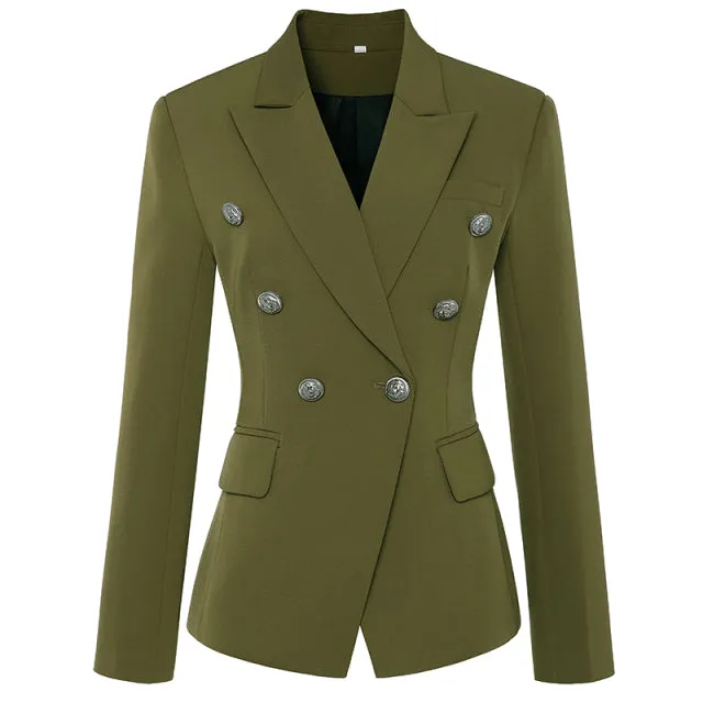 Designer Jacket Women, Classic Double Breasted Metal Lion Buttons