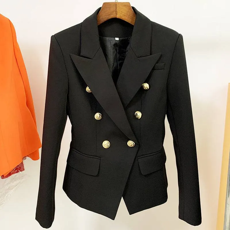 Designer Jacket Women, Classic Double Breasted Metal Lion Buttons