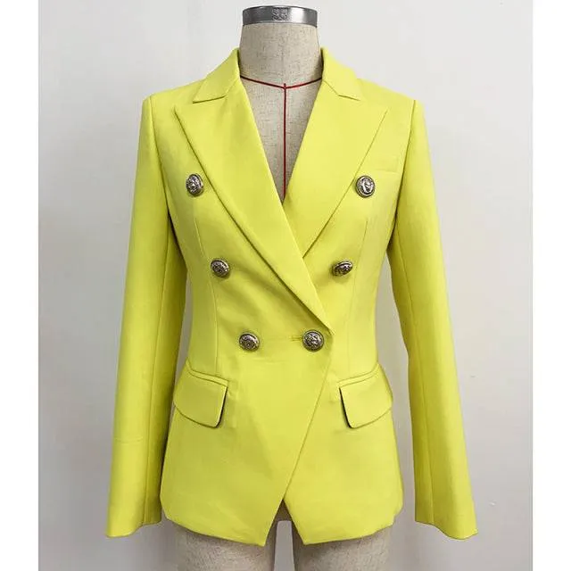 Designer Jacket Women, Classic Double Breasted Metal Lion Buttons