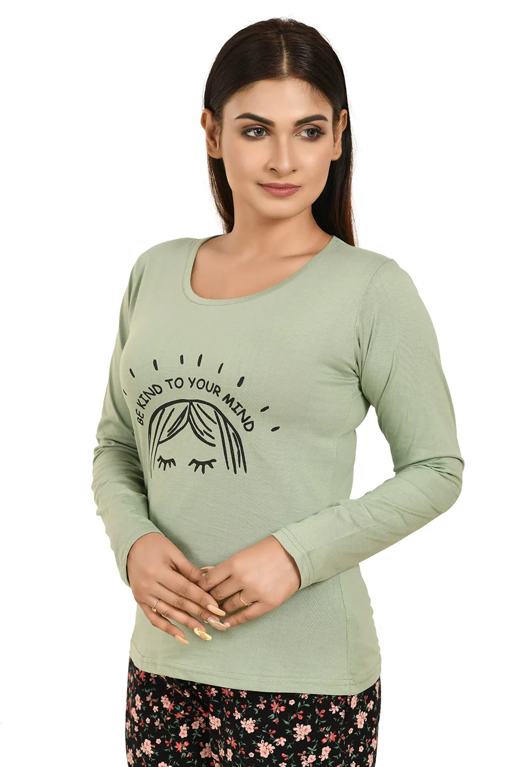 Dusty Green Full Sleeves Printed Tees