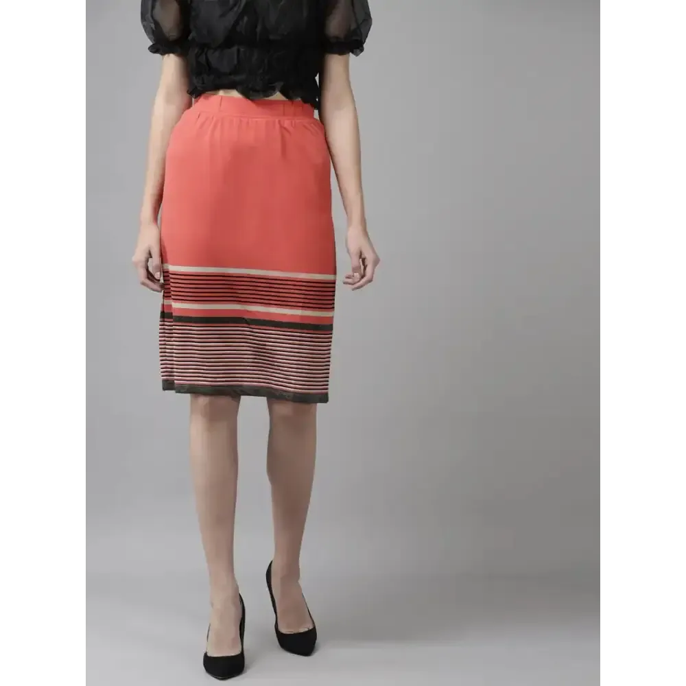 Elegant Knee Length Cotton Blend Gajri Stripe Skirt For Women
