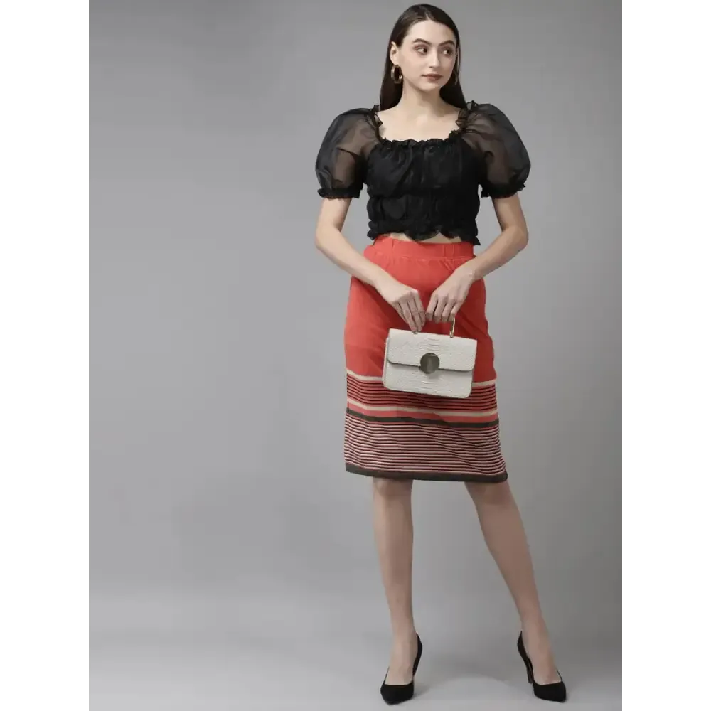 Elegant Knee Length Cotton Blend Gajri Stripe Skirt For Women
